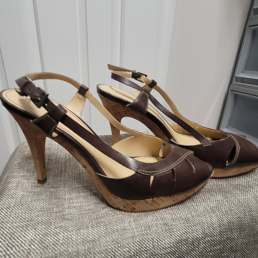 Marc Fisher brown cork heel leather upper 3" sandals
